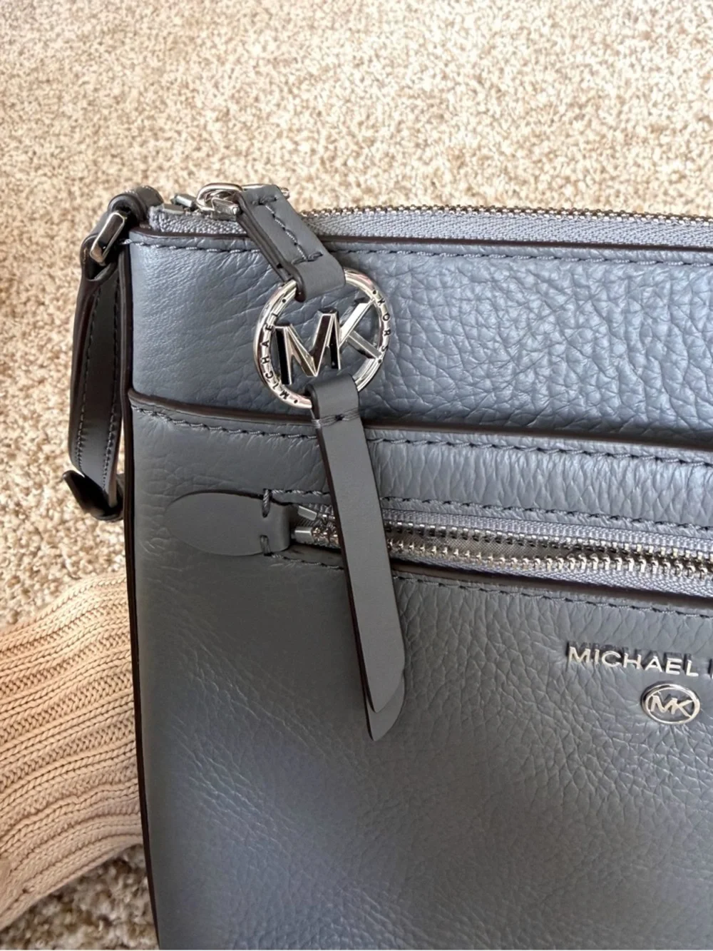 Michael Kors Jet Set North South Charm Leather Crossbody Bag Grey Flat